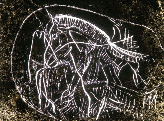 <B>Cheval et renne superposés, gravés sur galet</B> © <I>Irène Dacunha</I>
