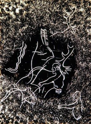 <B>Homme mêlé aux animaux, gravé sur galet</B> © <I>Irène Dacunha</I>